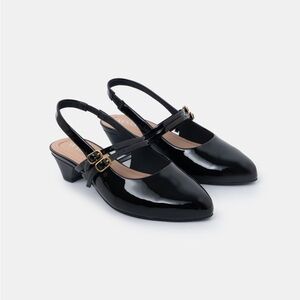 WYDR Studios Aria Double Strap Pointy Toe Mary‎ Jane Black Shoes NIB Size 12WW